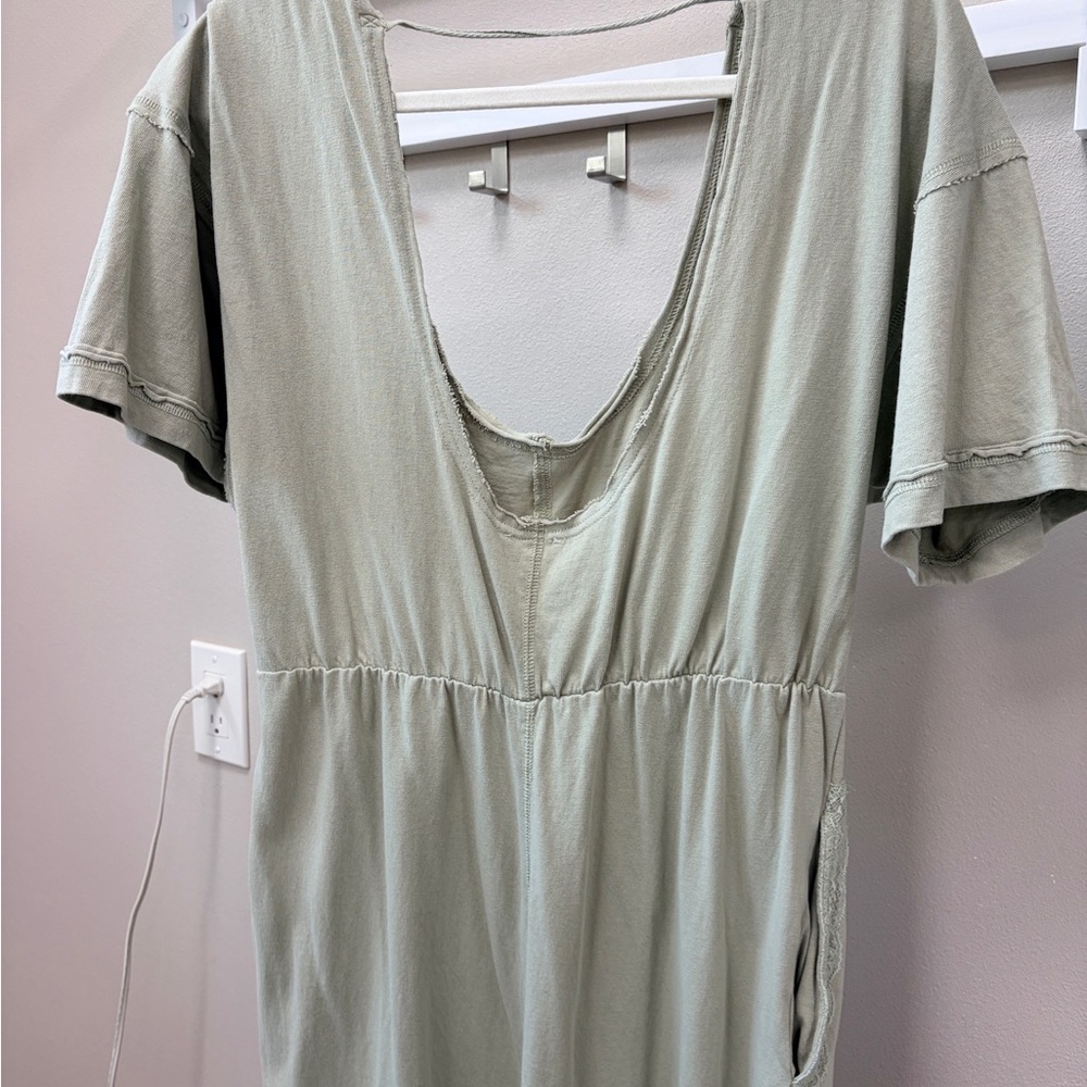 Free People Sage Green Knit Jumpsuit Raw Hem Boho Lounge One Piece - Picture 5 of 6